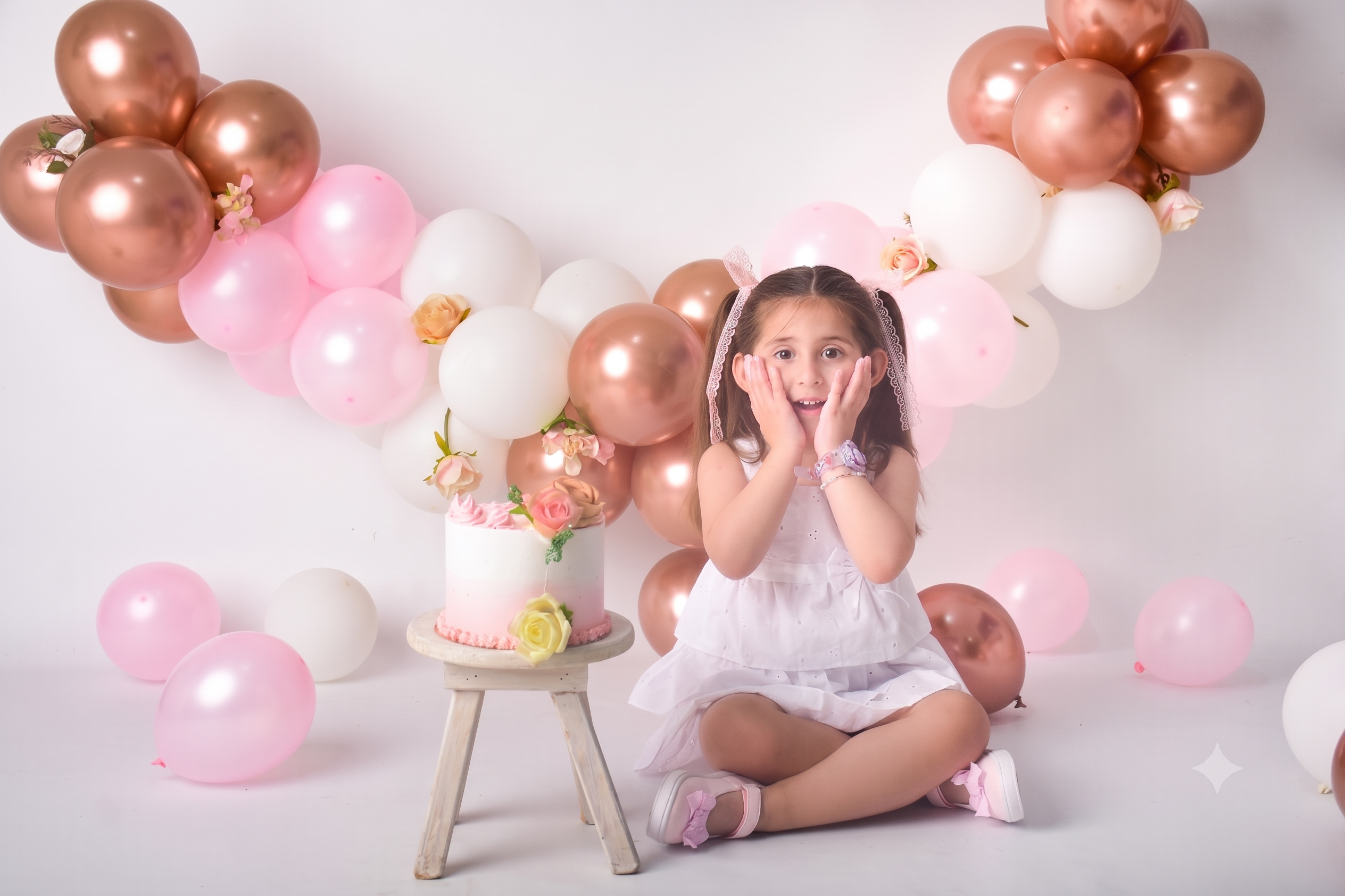 Nena con vestido blanco sentada junto a su torta de pre cumple, entre globos rosados y cobre con flores en Lomas del Mirador